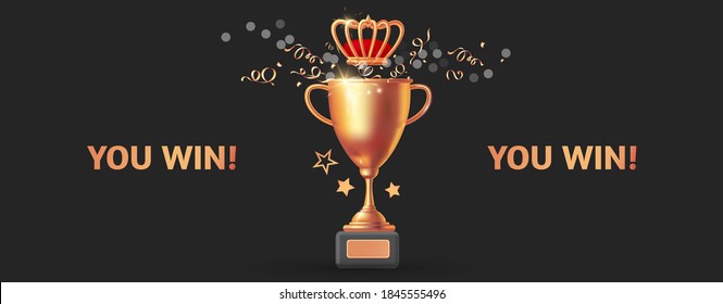 You win! Champion background with gold champion cup, crown, stars and serpentine. Game, award and competition design.