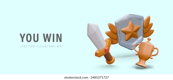 You win. Color poster to congratulate player on victory. Realistic gold cup, shield with star, sword
