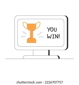 You win. A computer monitor screen with an image of a trophy cup. Concept of success. Vector illustration in outline style