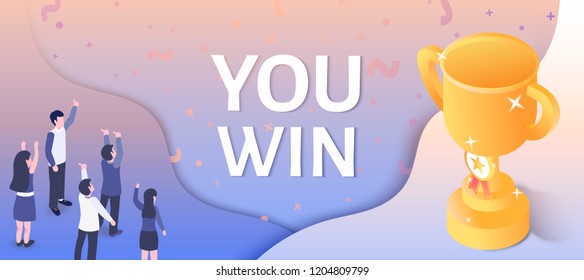 You win concept 3d isometric projection banner, people cheering with their hands up