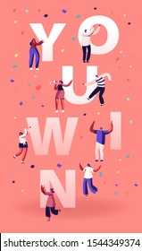 You Win Concept. Cheerful People Laughing Dancing and Celebrating with Hands Up. Employees Rejoice for New Project Success and Victory Poster Banner Flyer Brochure. Cartoon Flat Vector Illustration