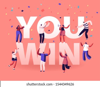 You Win Concept. Cheerful People Laughing Dancing and Celebrating with Hands Up. Employees Rejoice for New Project Success and Victory Poster Banner Flyer Brochure. Cartoon Flat Vector Illustration