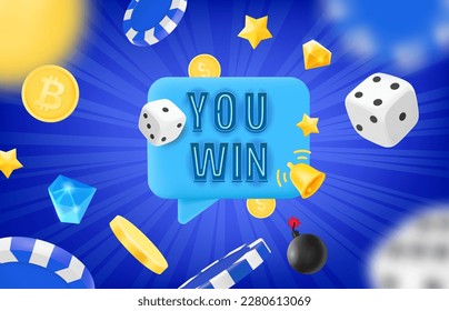 You win concept with flying casino chips, dice and coins. 3d vector illustration