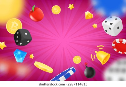 You win concept with flying casino elements and copy space. 3d vector illustration