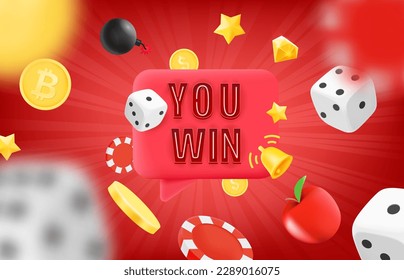 You win concept with flying casino chips, dice and coins. 3d vector illustration