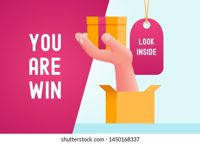 You are win concept. Hand holding gift box. Cartoon vector illustration