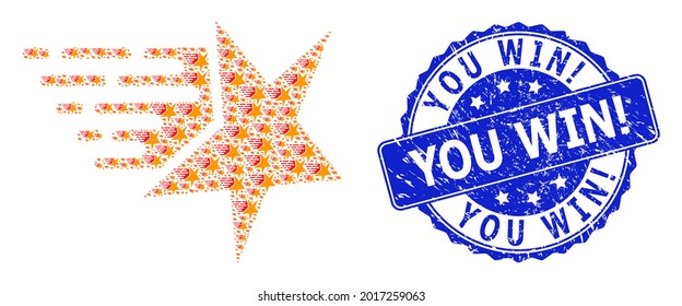 You Win Exclamation rubber round stamp seal and vector fractal collage star. Blue stamp seal contains You Win Exclamation text inside circle shape. Vector collage is constructed with recursive star