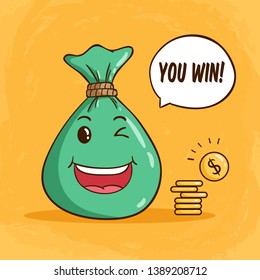 You win funny illustration or concept with a sack full money and golden coin on orange background