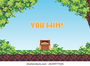  You win, game over pixel art landscape background.   Achievement old school platformer arcade backdrop. 8 bit. Game development, mobile app. Isolated vector illustration.