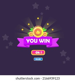 You Win Game UI Badge Pop Up Icon Reward Prize Premium Coins Stars Ribbon Magic Shine Buttons Cartoon Cute Vector Design