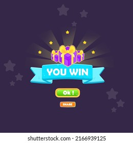 You Win Game UI Badge Pop Up Icon Reward Prize Premium Coins Stars Ribbon Magic Shine Buttons Cartoon Cute Vector Design