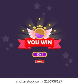 You Win Game UI Badge Pop Up Icon Reward Prize Premium Wooden Wings Liquid Stars Ribbon Magic Shine Buttons Cartoon Cute Vector Design