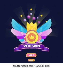 You Win Game UI Badge Pop Up Icon Reward Prize Premium Coin , Wings , Stars Ribbon Magic Shine Buttons Cartoon Cute Vector Design