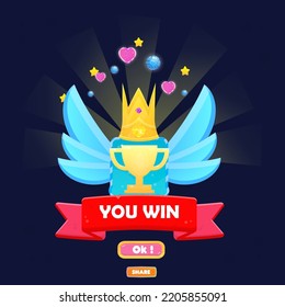 You Win Game UI Badge Pop Up Icon Reward Prize Premium Cup , Wings , Stars Ribbon Magic Shine Buttons Cartoon Cute Vector Design