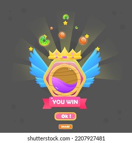 You Win Game UI Badge Pop Up Icon Reward Prize Premium liquid , Wings , Stars Ribbon Magic Shine Buttons Cartoon Cute Vector Design