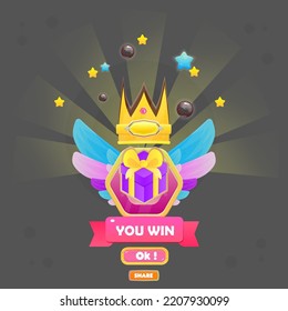 You Win Game UI Badge Pop Up Icon Reward Prize Premium Gift , Wings , Stars Ribbon Magic Shine Buttons Cartoon Cute Vector Design