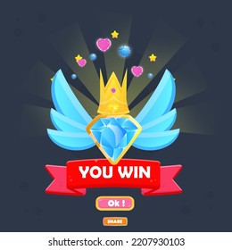 You Win Game UI Badge Pop Up Icon Reward Prize Premium Diamond , Wings , Stars Ribbon Magic Shine Buttons Cartoon Cute Vector Design