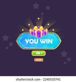 You Win Game UI Badge Pop Up Icon Reward Prize Premium Gifts Stars Gem Magic Shine Buttons Cartoon Cute Vector Design