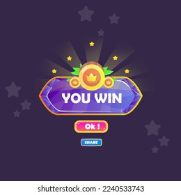 You Win Game UI Badge Pop Up Icon Reward Prize Premium Coins Stars Gem Magic Shine Buttons Cartoon Cute Vector Design