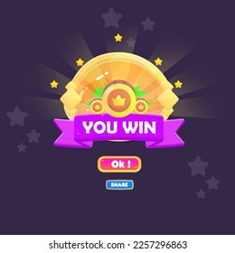 You Win Game UI Badge Page Pop Up Icon Reward Prize Premium Coins Stars Ribbon Magic Shine Buttons Cartoon Cute Vector Design