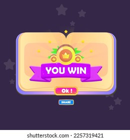 You Win Game UI Badge Pop Up Icon Reward Prize Premium Coins Stars Ribbon Open Book Magic Shine Buttons Cartoon Cute Vector Design
