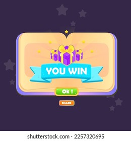 You Win Game UI Badge Pop Up Icon Reward Prize Premium Gifts Stars Ribbon Opened Book Magic Shine Buttons Cartoon Cute Vector Design