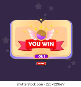 Usted gana juego UI Badge Pop Up Icon Reward Prize Premium Wings Wings Liquid Libro Abierto Estrellas Ribbon Magic Shine Botones Cartoon Cute Vector Diseño