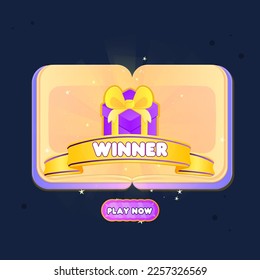 You Win Game UI Badge Pop Up Icon Reward Prize Premium Gifts Stars Ribbon Opened Book Magic Shine Buttons Cartoon Cute Vector Design