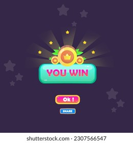 Usted gana juego UI Badge Pop Up Icono Recompensa Prima Monedas Premium Estrellas Turquesa Glossy Botón Magic Shine Botones Cartoon Cute Vector Diseño