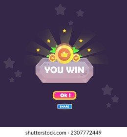 Sie gewinnen Spiel UI Badge Pop Up Icon Preis Prämie Coins Stars Stone Button Magic Shine Buttons Cartoon Cute Vectordesign