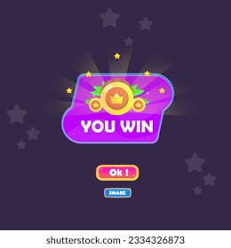 You Win Game UI Badge Pop Up Icon Reward Prize Premium Coins Stars Purple Banner Magic Shine Buttons Cartoon Cute Vector Design