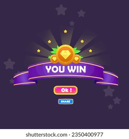 Ganar Juego Insignia UI Icono Emergente Premio de Recompensa Monedas Premium Casino Estrellas Cinta Magia Botones Cartoon Cute Vector Diseño