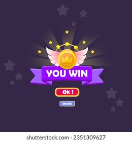 You Win Game UI Badge Pop Up Icon Reward Prize Premium Crown Coin Wings  Stars Ribbon Magic Shine Buttons Cartoon Cute Vector Design