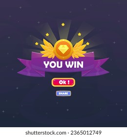 You Win Game UI Badge Pop Up Icon Page Casino Reward Prize Premium Coin Stars Wings Ribbon Magic Shine Buttons Cartoon Cute Vector Design