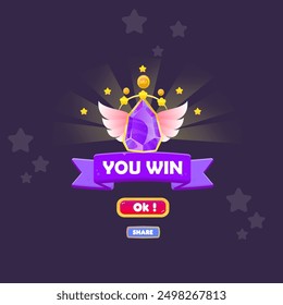 You Win Game UI Badge Pop Up Icon Reward Prize Premium Crown Gem Coins Wings Stars Ribbon Magic Shine Buttons Cartoon Cute Vector Design