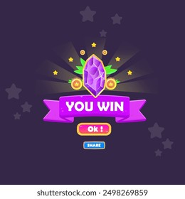 You Win Game UI Badge Pop Up Icon Reward Prize Premium Gem Coins Stars Ribbon Magic Shine Buttons Cartoon Cute Vector Design
