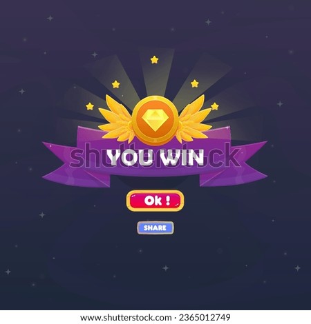 You Win Game UI Badge Pop Up Icon Page Casino Reward Prize Premium Coin Stars Wings Ribbon Magic Shine Buttons Cartoon Cute Vector Design