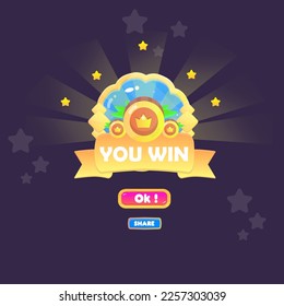 You Win Game UI Blue Vintage Badge Pop Up Icon Reward Prize Premium Coins Stars Ribbon Magic Shine Buttons Cartoon Cute Vector Design