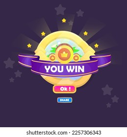 You Win Game UI Blue Sky Purple Vintage Badge Pop Up Icon Reward Prize Premium Coins Stars Ribbon Magic Shine Buttons Cartoon Cute Vector Design