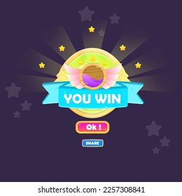 Sie gewinnen Spiel UI Blue Sky Green Vintage Badge Pop Up Icon Preis Premium Liquid Stars Ribbon Magic Shine Buttons Cartoon Cute Vectordesign