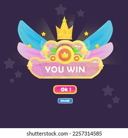 You Win Game UI Pink Fantasy Badge Page Pop Up Icon Reward Prize Premium Coins Stars Magic Shine Buttons Cartoon Cute Vector Design