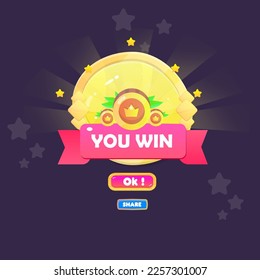You Win Game UI Yellow Badge Pop Up Icon Reward Prize Premium Coins Stars Ribbon Magic Shine Buttons Cartoon Cute Vector Design