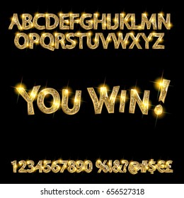 You win. gold alphabet and numbers on dark background. Vector illustration