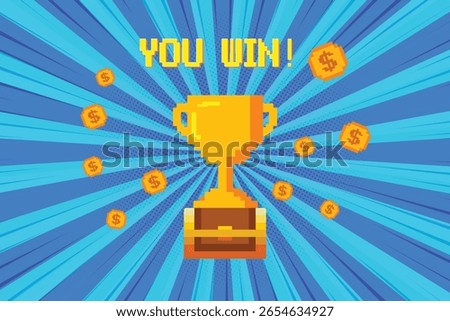 YOU WIN and gold trophy on treasure chest. pixel art. 8 bit game. retro game. for game assets in vector illustrations. Speed lines. Pop art