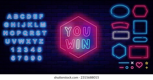 Ganaste la etiqueta de neón. Colección de marcos geométricos. Texto de niños graciosos escrito a mano. Alfabeto azul brillante. El concepto de vinos y casino. Diseño de felicitaciones. Apuestas y diseño de club de póquer. Ilustración de material vectorial