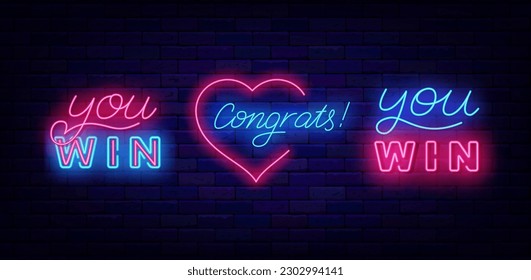 You win neon labels set. Congrats sign with heart frame. Handwritten text. Winning and casino concept. Betting and poker club design. Surprise sign on brick wall. Editable stroke.