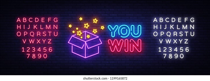 You Win neon sign vector. You Win Design template neon sign, Congratulation, celebration light banner, neon signboard, nightly bright advertising, light inscription. Vector. Editing text neon sign