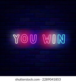 You win neon typography label. Handwritten funny kids text. Winnig and casino concept. Congrats design. Betting and poker club design. Surprise sign on brick wall. Vector stock illustration