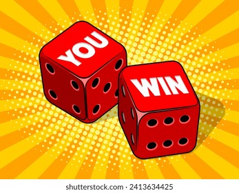 You win on two red dices. Winner concept. Red colorful dice. Pop art style hand drawn color vector illustration.