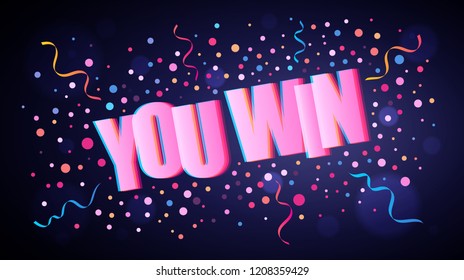 You Win overlapping festive lettering with colorful round confetti over dark violet background for your graphic and web design